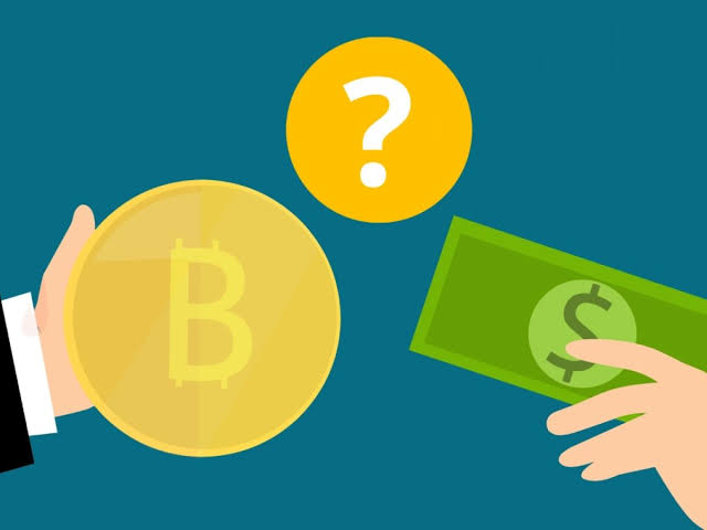 Bitcoin ile nakit doların el değiştirmesini gösteren düz illüstrasyon